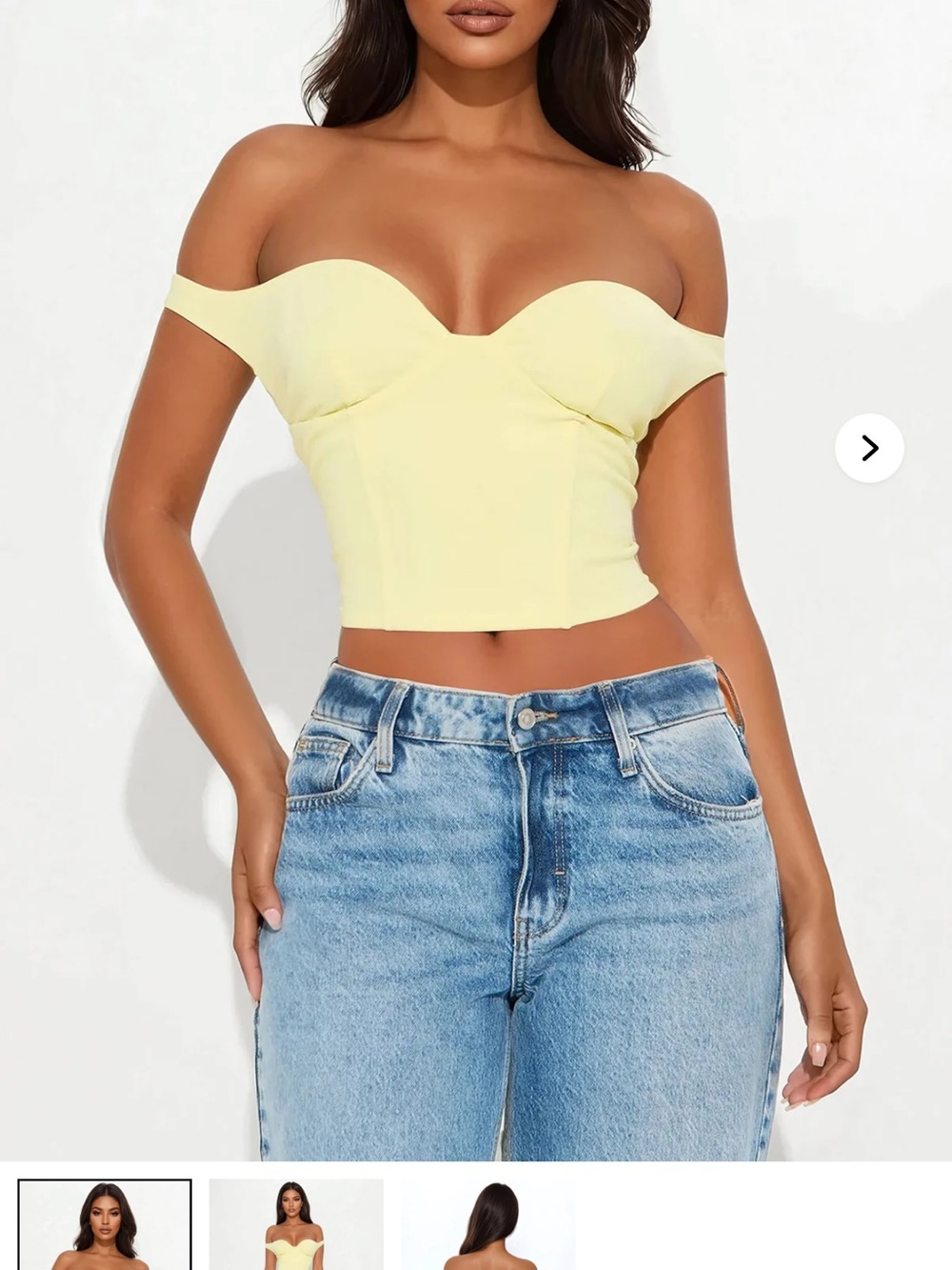 Fashion Nova Off-Shoulder Sweetheart Crop Top in Pale Yellow